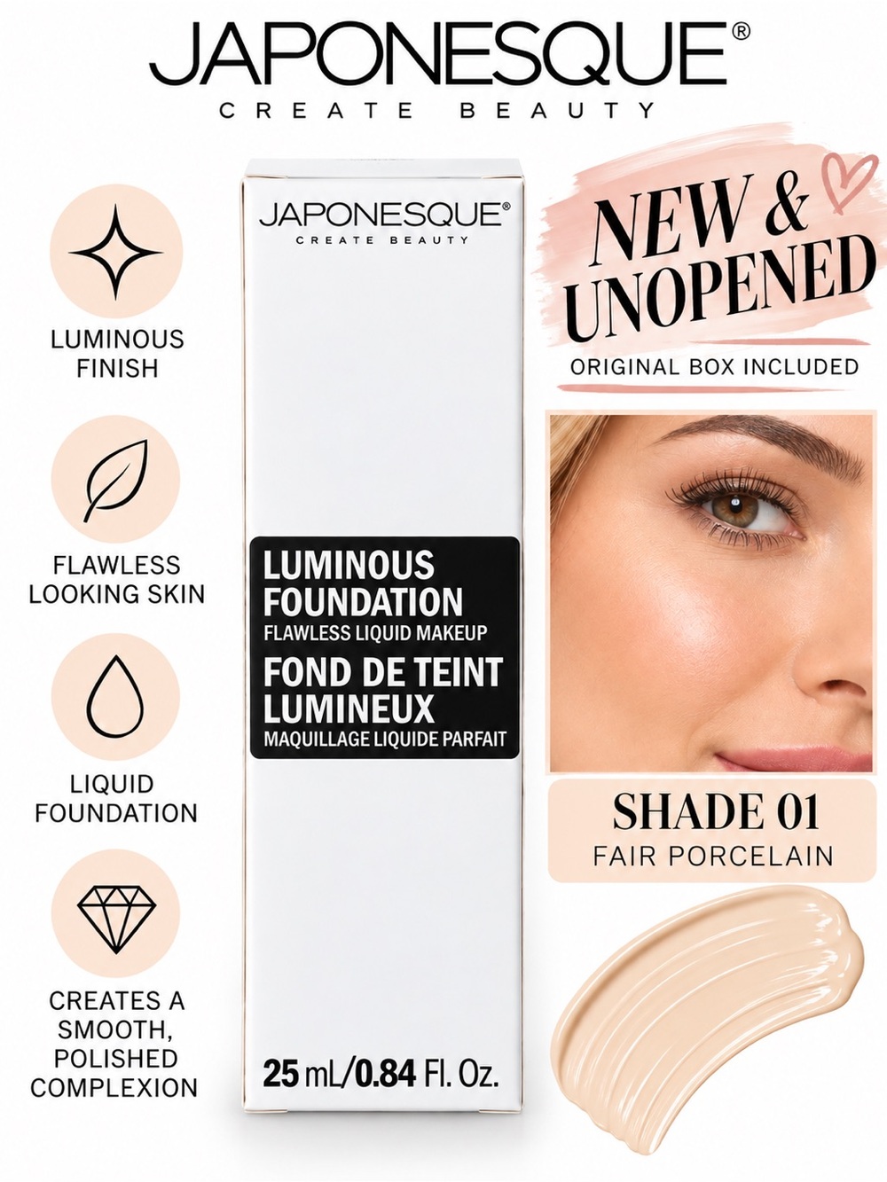 Japonesque Luminous Foundation 01 Fair Porcelain.84 Fl Oz. NIB